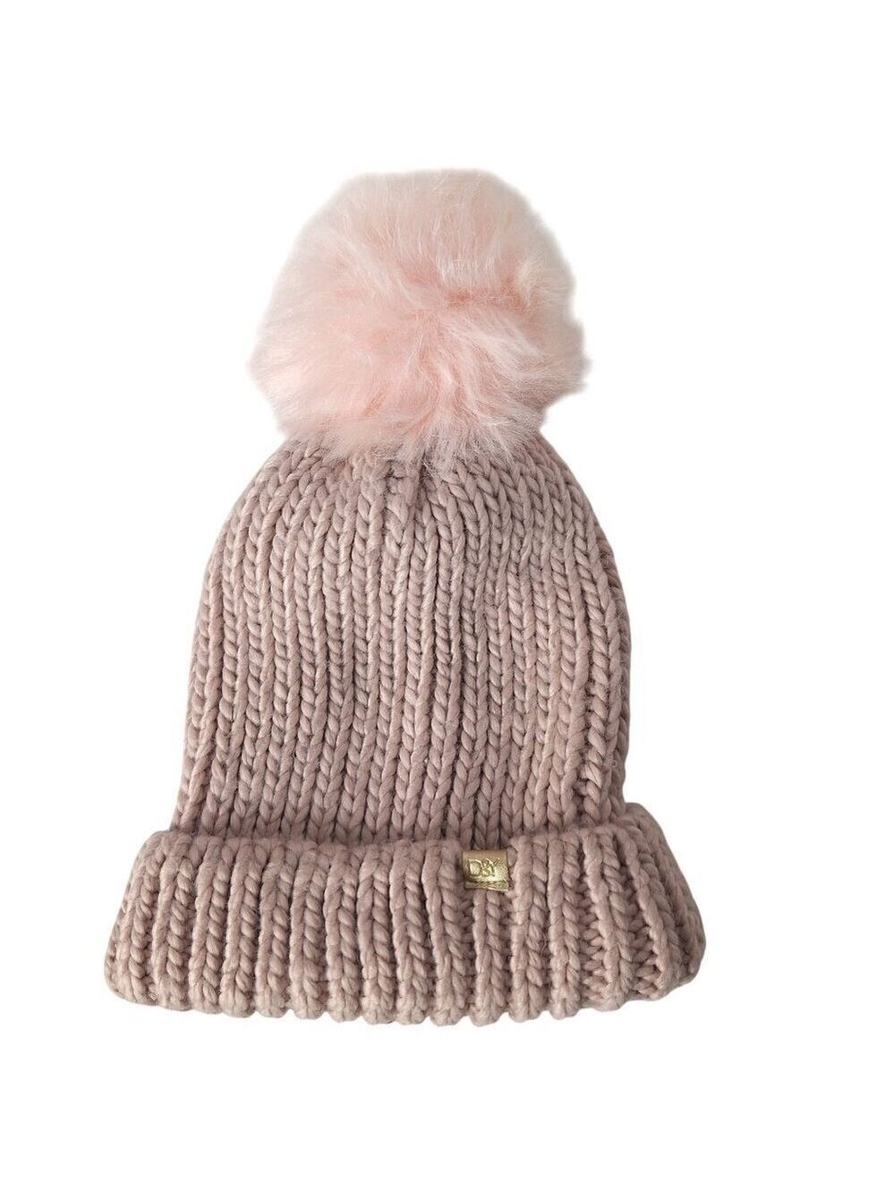 David & Young Pink Knit Beanie Faux Fur Pom Winter Hat